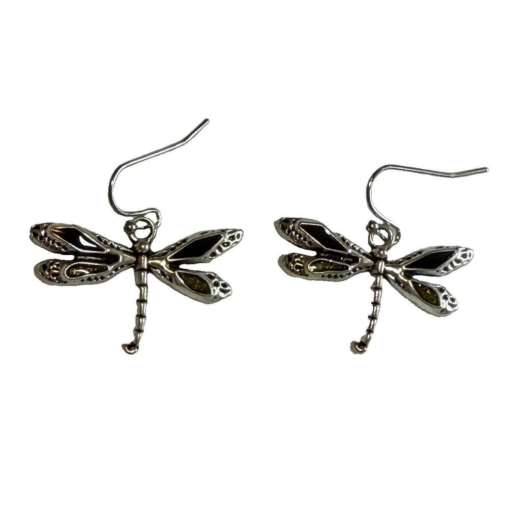 Vtg Silver Tone Dragonfly Earrings Black Enamel Glitter Wings Insect Dangle